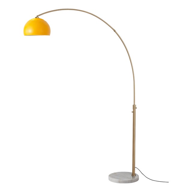 Half Dome 92" Arc Lamp, Mid-Century Modern, Weathered Brass, Mustard Shade, Marble Base, Dimmable For Sale
