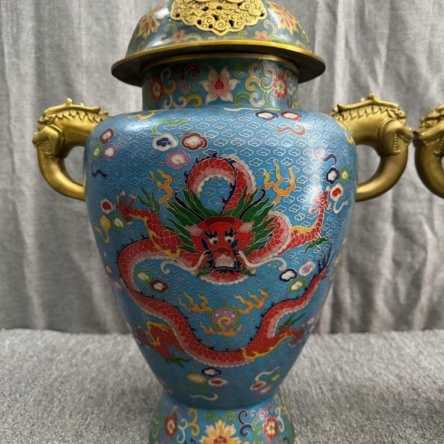 Exquisite Pair of Chinese Cloisonné Enamel Dragon General Jars With Beast Handles & Lids - 20" Tall For Sale In Los Angeles - Image 6 of 8