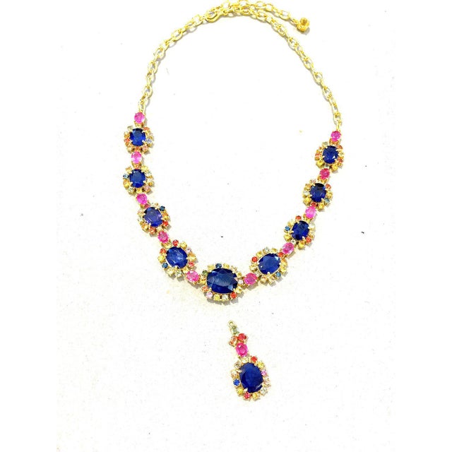 Bochic “Capri” Blue, Multi Sapphire & Ruby Necklace Set 18K Gold & Silver For Sale - Image 9 of 11