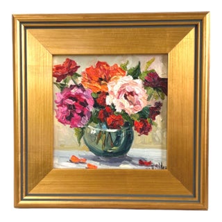 Beautiful Impressionist Floral Bouquet Painting Including the Antiqued Gold Wood Frame For Sale