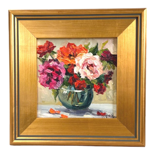 Beautiful Impressionist Floral Bouquet Painting Including the Antiqued Gold Wood Frame For Sale