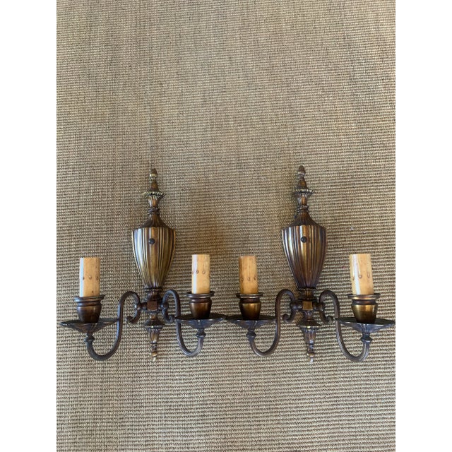 Burnt Umber Traditional Brass Double Wall Sconces - a Pair For Sale - Image 8 of 8