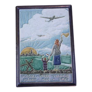 1940s Royal Delft Cloisonné Porcelain Wwii Scenic Tile: The Allies Help From the Sky