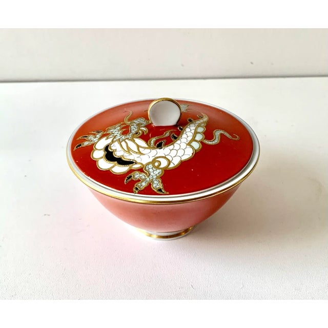 Red Covered Porcelain Candy Dish With Handpainted Dragon Decoration by Wallenberg Germany For Sale In San Diego - Image 6 of 6