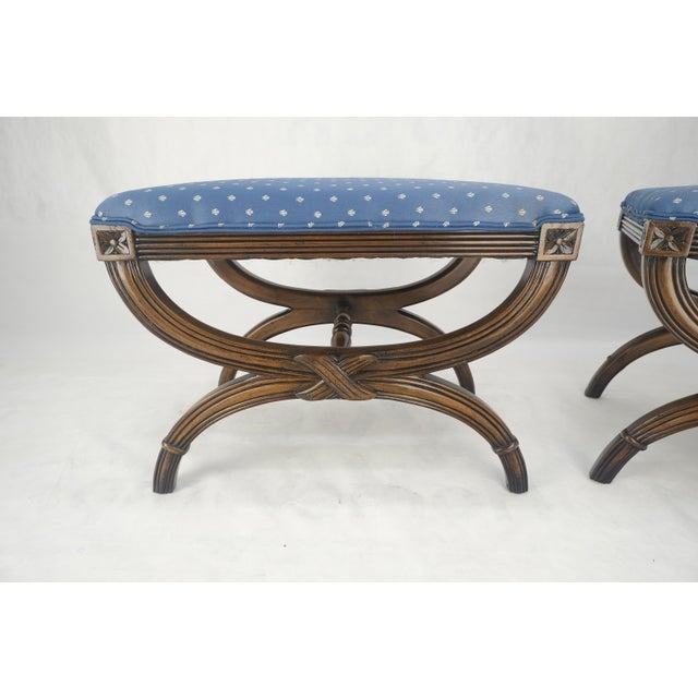 Blue Pair of Carved Regency Style Blue Upholstery Benches MINT For Sale - Image 8 of 10