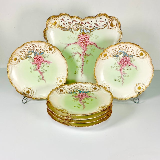 Limoges, France Late 1900s Antique French Victorian Hollywood Regency Limoges Pink Wisteria Dessert Plates and Platter - Set of 7 For Sale - Image 4 of 12