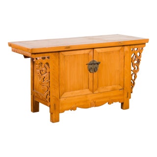 Chinese Early 20th Century Elmwood Altar Coffer with Foliage-Carved Spandrels For Sale