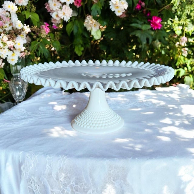 Vintage Fenton Milk Glass Cake Stand Hobnail pedestal base Ruffled plate with hobnail design on reverse. A classic and...