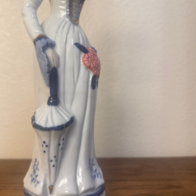1970s Vintage Mid-Century Glazed Porcelain Figurine of a Victorian Lady With Parasol For Sale - Image 5 of 12
