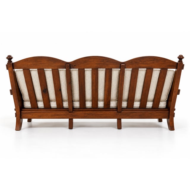 Spanish Custom Carved Wood Three-Cushion Sofa in Striped Upholstery For Sale - Image 3 of 3