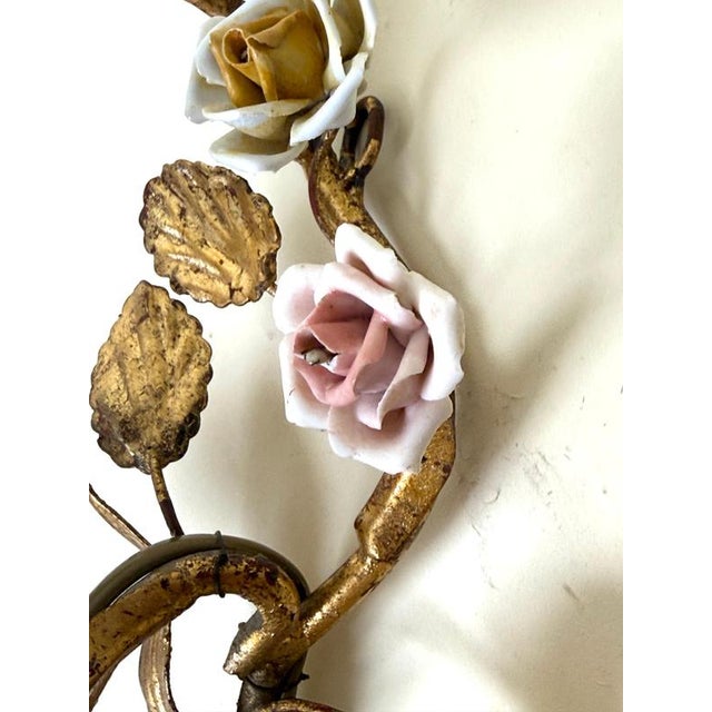 Vintage Italian Mirrored Gilt Metal and Porcelain Rose Sconces, 1940s, Set of 2 For Sale - Image 11 of 18