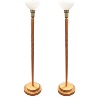 Russel Wright Style Hand-Carved Torchiere Floor Lamp, Pair For Sale