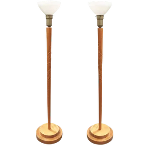 Russel Wright Style Hand-Carved Torchiere Floor Lamp, Pair