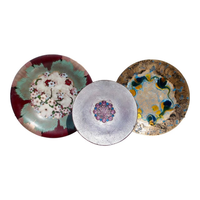 Assembled Set of 3 MCM Enamel Copper Trays - A Set of 3 For Sale