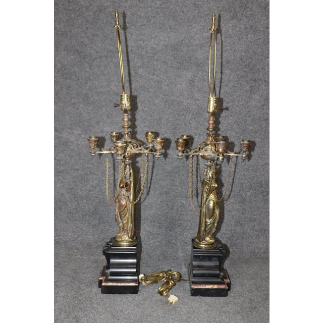 1900 - 1909 Bronze and Marble Figural Maiden Form French Table Lamps - A Pair For Sale - Image 5 of 10