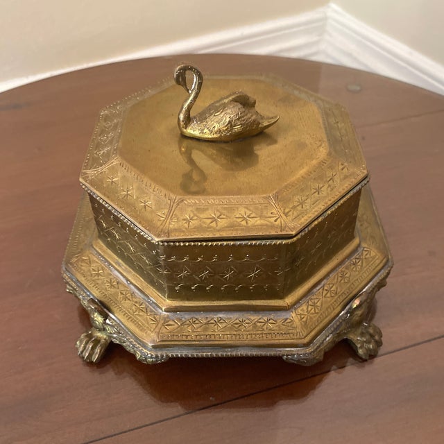 Vintage Mottahedeh Design Decorative Brass Gold Tone Trinket Box Features Intricate Design Throughout, With Swan Lid.