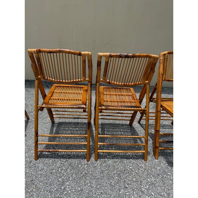 1990s Boho Chic Rattan Burnt Finish Folding Dining Chairs - Set of 10 For Sale - Image 14 of 15