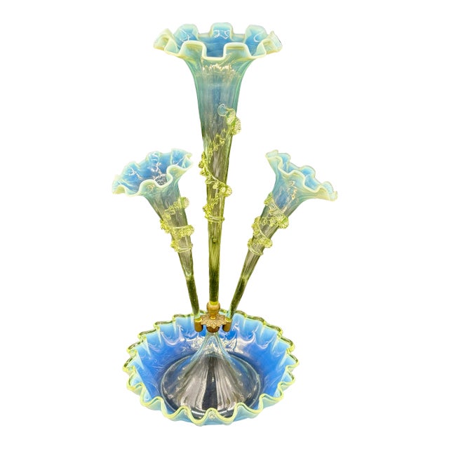 Antique Victorian Epergne Light Green Vaseline Glass Ruffle Ca 1880 Art Glass Vase Glows For Sale