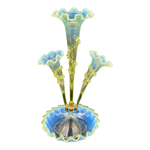 Antique Victorian Epergne Light Green Vaseline Glass Ruffle Ca 1880 Art Glass Vase Glows