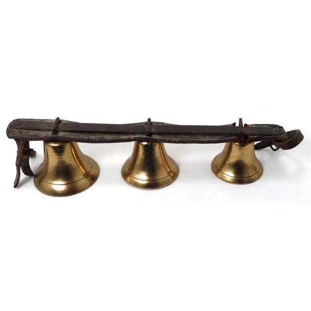 Nice Original Set of 3 Antique American Leather & Brass Horse Drawn Snow Sleigh & Buggy Bells For Sale - Image 13 of 13