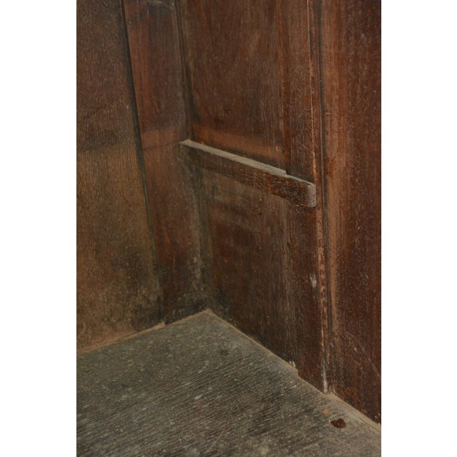 Cream 1940s Vintage Karpen Furniture Gothic Cream Wood Lockable Cabinet W/ Black Iron Strap Hinges & Carved Faces For Sale - Image 8 of 12