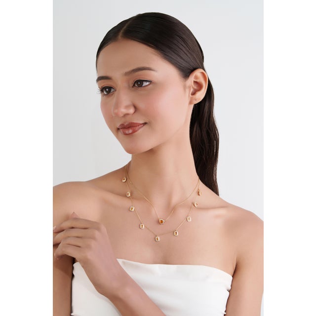 Modern 2.24ct Citrine & Diamond Halo Station Charm Necklace in 14k Yellow Gold For Sale - Image 9 of 18