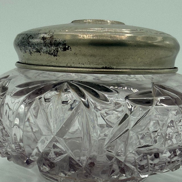 Art Deco Art Deco Cut Crystal Hair Receiver With Silver Tone Lid, Vintage Vanity Jar For Sale - Image 3 of 8