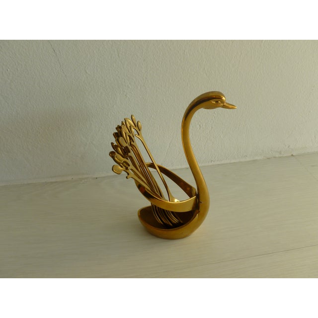 Vintage 1970's Brass Plated Metal Swan Vessel Bowl With !0 Serving Spoons For Sale - Image 4 of 17