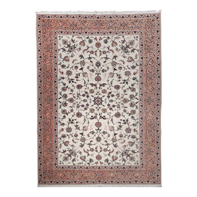Vintage Persian Tabriz Rug, Handwoven Allover Floral Pattern, Ivory & Pale Pink, 7’ X 10’ For Sale