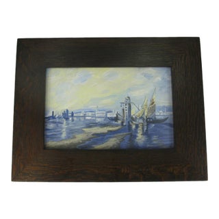 1990s Harbor Scenic Hand-Painted Tile Plaque Oak Framed Arts Crafts Richard Freiwald For Sale