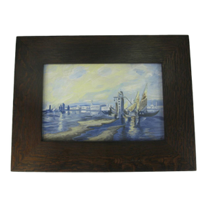 1990s Harbor Scenic Hand-Painted Tile Plaque Oak Framed Arts Crafts Richard Freiwald