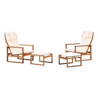 Easy Chairs and Ottomans in Oak and Brass attributed to Børge Mogensen, 1950s, Set of 4 For Sale