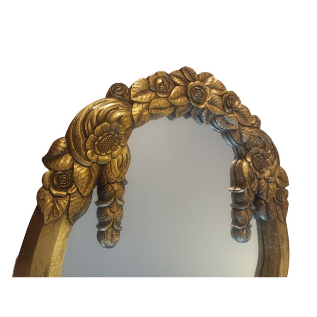Art-Deco French Mirror in Gilt Carved Wooden Frame with Geometric Floral Design, 1930s For Sale - Image 3 of 8