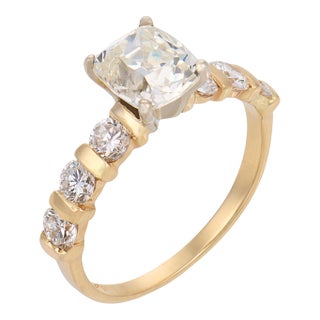 Vintage Gia 1.51 Carat Old Mine Cut Diamond 14k Yellow Gold Engagement Ring, Size 6.25 For Sale