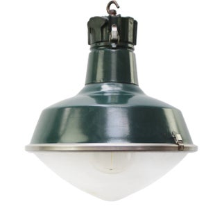 Vintage French Industrial Green Cast Iron and Clear Domed Glass Pendant Lamp by Sammode For Sale