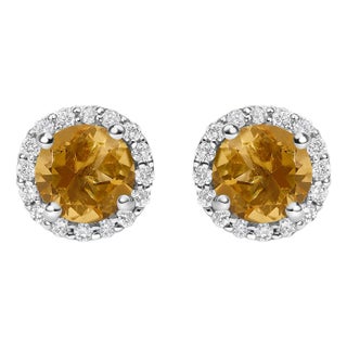 10K White Gold Orange Citrine and 1/6 Cttw Diamond Halo Stud Earring For Sale