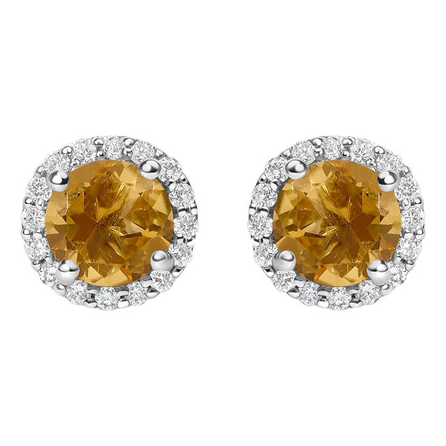10K White Gold Orange Citrine and 1/6 Cttw Diamond Halo Stud Earring For Sale