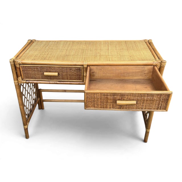 1970s 1970s Coastal Rattan Vanity and Writing Desk With Two Storage Drawers For Sale - Image 5 of 11