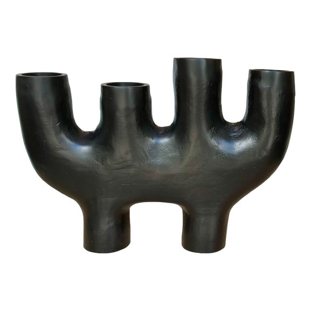 Modern Brutalist Style Black Metal 4 Pillar Candle Holder For Sale
