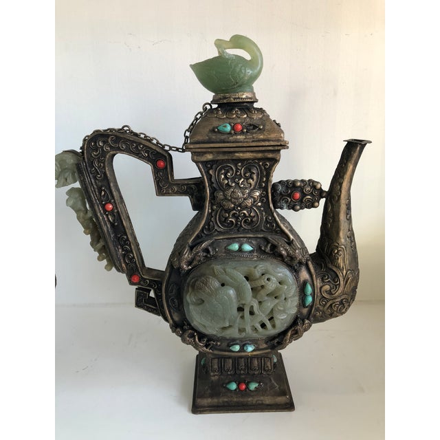 Asian Antique Antique Silver Jade Tibetan Wine Ewers Turquoise and Coral Decorated-A Pair For Sale - Image 3 of 11