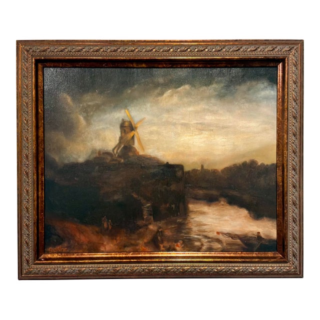 Moody Windmill Painting by Berthe For Sale