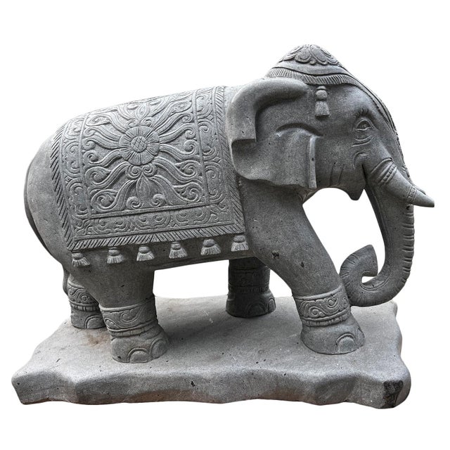 Indian Vintage Stone Carved Elephant Statue For Sale - Image 3 of 11