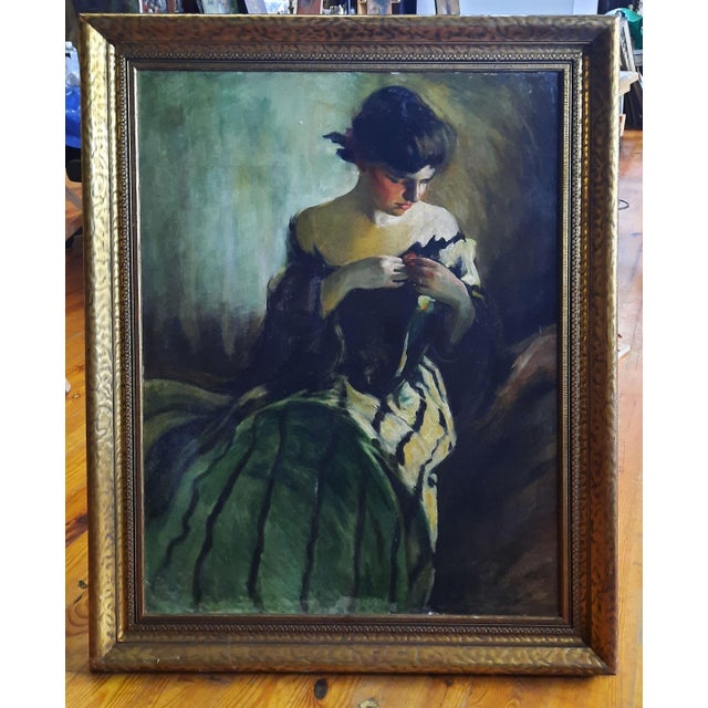 An atmospheric oil-on-canvas portrait depicting a seated female figure in a graceful, contemplative pose. The woman wears...