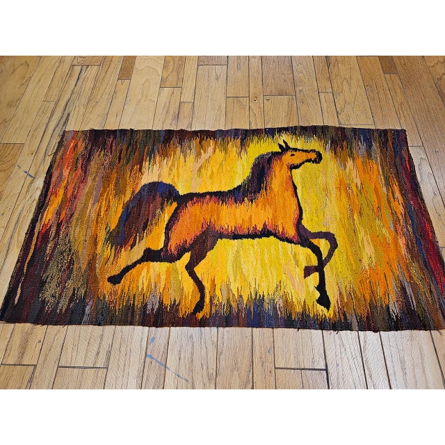Vintage Mid-Century Handwoven Wool Tapestry, Galloping Horse Design, Yellow & Brown, 38” X 68” For Sale - Image 9 of 11