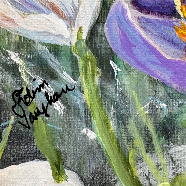 Original floral still life by contemporary artist Robin Blakely Vaughan, featuring delicate spring blooms in soft purples,...