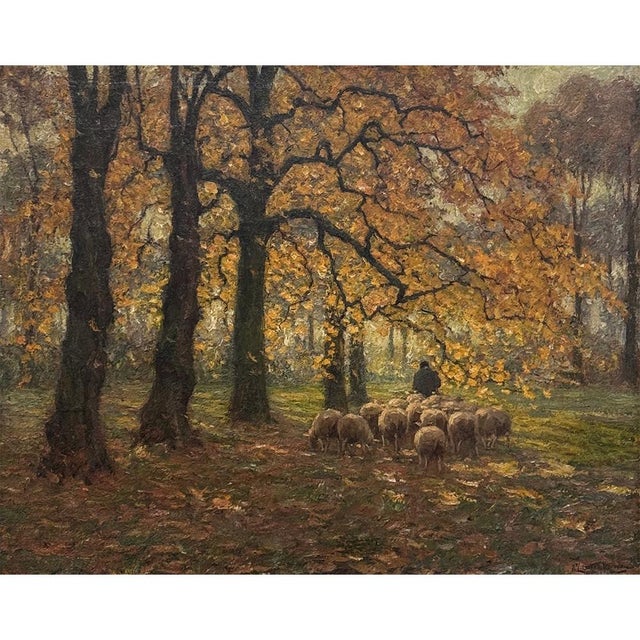 Framed Oil Painting on Canvas by Alphonse van Beurden Jr. (1878–1962) 'Shepherd and Flock in Autumn Forest' is a...