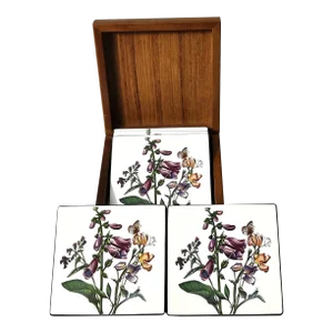 Late 20th Century Lord & Taylor Floral Coaster Set of 6 in Matching Wood Box