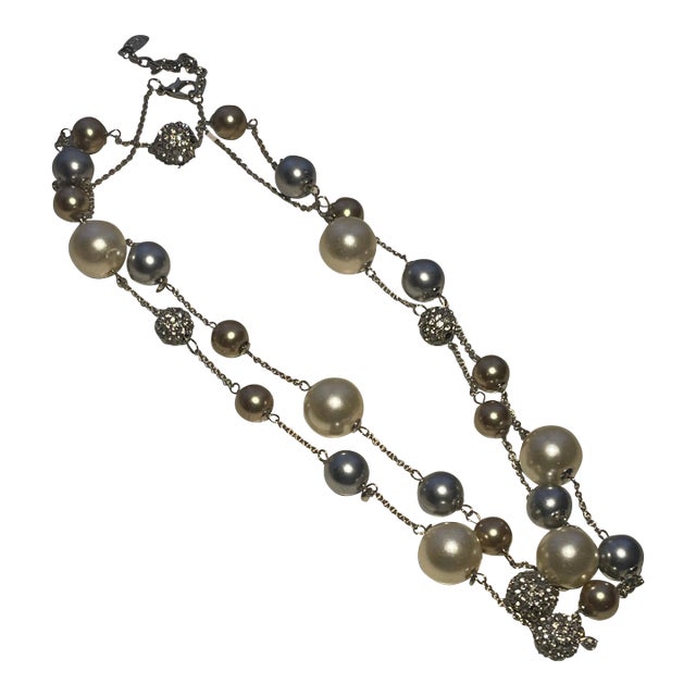 Long Grey/Beige/Cz Pearl Rope Necklace For Sale