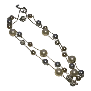 Long Grey/Beige/Cz Pearl Rope Necklace