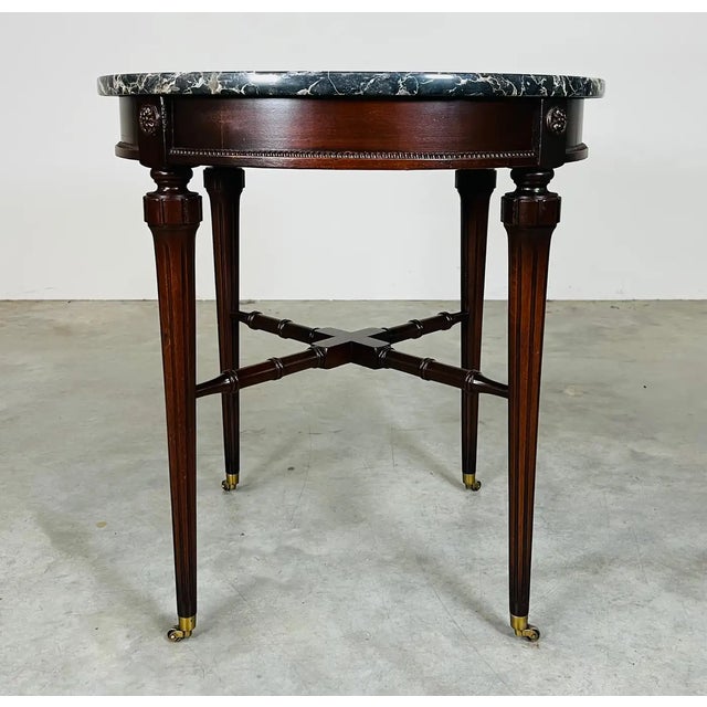 French Louis XVI Directoire-Style Portoro Marble & Carved Mahogany Gueridon Table For Sale - Image 3 of 6